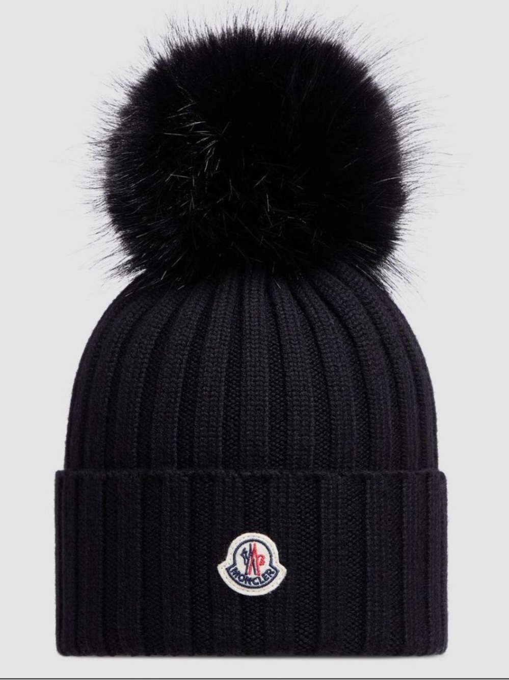 Moncler Black Ribbed Beanie with Pom Pom